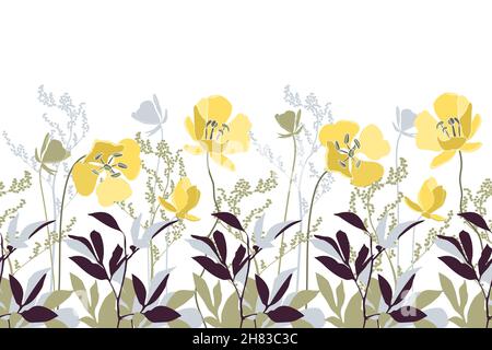 Vector floral seamless pattern, border. Beautiful yellow flowers and petals with purple-brown twigs and leaves isolated on a white background. Stock Vector