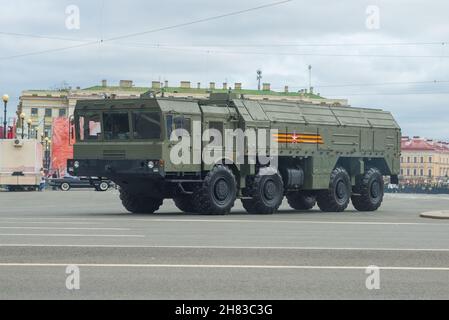 SAINT PETERSBURG, RUSSIA - JUNE 20, 2020: The 9P78-1 self-propelled launcher of the Iskander-M tactical missile system on the rehearsal for the Victor Stock Photo