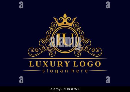 IU Initial Letter Gold calligraphic feminine floral hand drawn heraldic monogram antique vintage style luxury logo design Premium Stock Vector