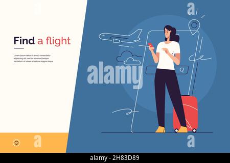 Vector illustration on the subject of traveling, searching and purchasing of plane tickets, online flight booking via smartphone. Editable stroke Stock Vector