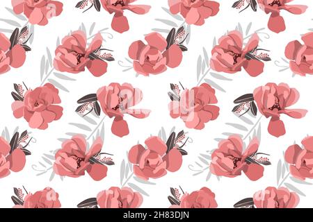 Vector floral seamless pattern. Red, coral color flowers and petals with gray twigs and leaves. Stock Vector