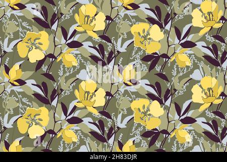 Floral seamless pattern, vector flower background. Floral elements of olive, green color. Stock Vector