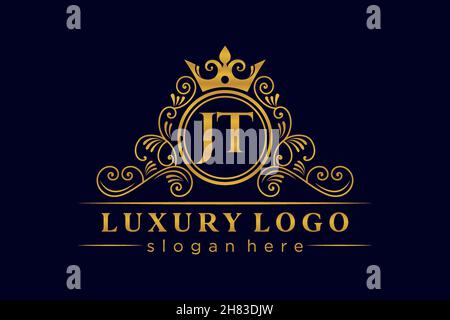 JT Initial Letter Gold calligraphic feminine floral hand drawn heraldic monogram antique vintage style luxury logo design Premium Stock Vector