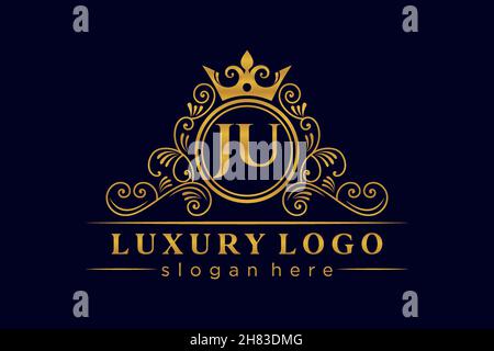 JU Initial Letter Gold calligraphic feminine floral hand drawn heraldic monogram antique vintage style luxury logo design Premium Stock Vector