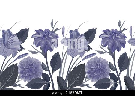 Vector floral seamless pattern, border. Panoramic horizontal illustration with purple flowers and leaves.  Stock Vector