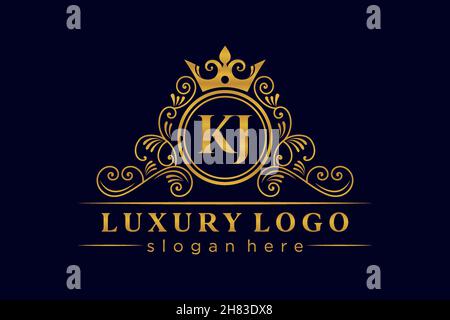 KJ Initial Letter Gold calligraphic feminine floral hand drawn heraldic monogram antique vintage style luxury logo design Premium Stock Vector