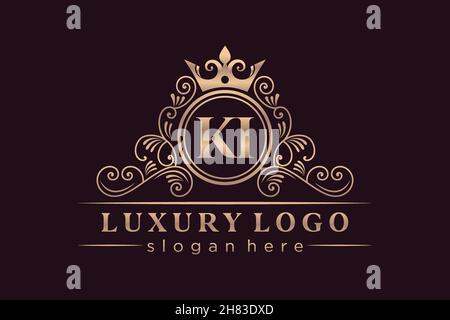 KI Initial Letter Gold calligraphic feminine floral hand drawn heraldic monogram antique vintage style luxury logo design Premium Stock Vector