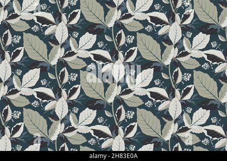 Vector floral seamless leafy background. Pattern with beige leaves and inflorescences.  Stock Vector