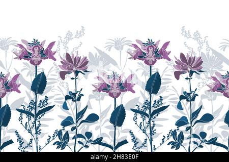 Vector floral seamless pattern, border. Violet flowers, marine colored twigs and leaves, gray shadows.  Stock Vector