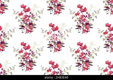 Vector floral seamless pattern. Repetitive bouquets of coral-colored flowers with purple and olive-colored leaves and twigs. Stock Vector