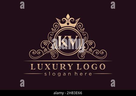 KV Initial Letter Gold calligraphic feminine floral hand drawn heraldic monogram antique vintage style luxury logo design Premium Stock Vector