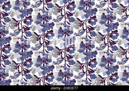 Vector floral seamless pattern. Vertically arranged blue delphinium flowers on а purple twigs. Stock Vector