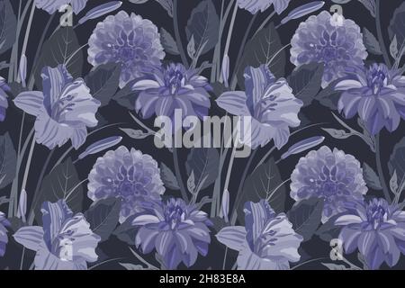 Vector floral seamless background with dahlias and lilies. Pattern with purple flowers and leaves on a dark background.  Stock Vector