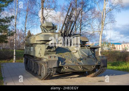 PRIOZERSK, RUSSIA - OCTOBER 24, 2021: Soviet anti-aircraft self-propelled gun ZSU-23-4 'Shilka' on an October afternoon Stock Photo