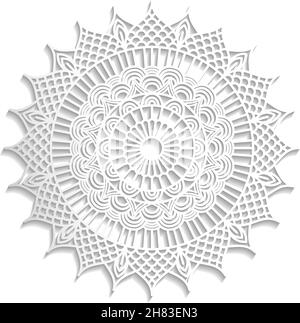 Mandala vector openwork pattern with shadow in white on white background. Stock Vector