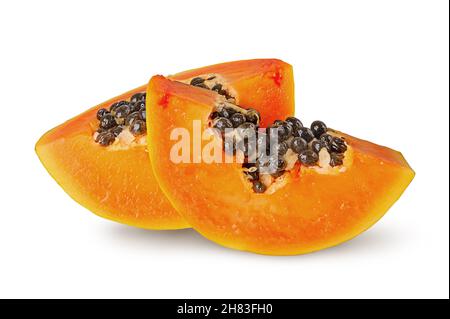 Two slices of ripe papaya isolated on white background Stock Photo