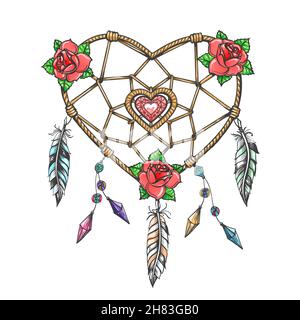 Tattoo of Hand drawn heart shaped dream catcher isolated on white. vector illustration. Stock Vector