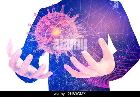 Man holding virus abstract transparent model in hands. Medicine research background. 3D rendering. Stock Photo