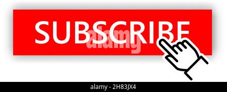Subscribe button with hand cursor design element. Web button to blog and video channel. Red subscribe element for video channel mockup template Stock Vector