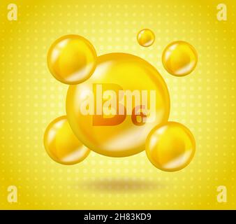 Realistic B6 Vitamin Pyridoxine design. Yellow nutrition illustration concept. 3D Vitamin complex B6 Pyridoxine design. Drop pill capsule. Stock Vector