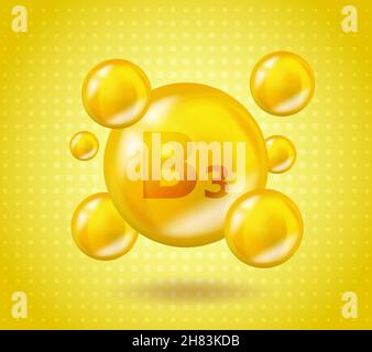 Realistic B3 Vitamin Niacin design. Yellow nutrition illustration concept. 3D Vitamin complex B3 Niacin design. Drop pill capsule. Stock Vector