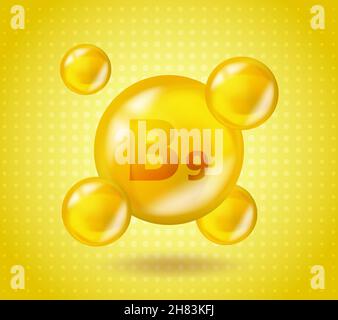 Realistic Vitamin B9 Folic acid design. Yellow nutrition illustration concept. 3D Vitamin complex B9 Folic acid design. Drop pill capsule. Stock Vector