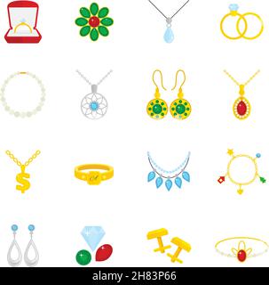 Jewelry flat icons set of diamond gold fashion expensive accessories isolated vector illustration Stock Vector