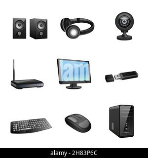 Computer accessories and peripheral black icons set isolated vector illustration Stock Vector