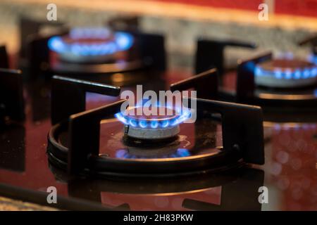 The gas burns in the burner of a kitchen stove. Horizontal view Stock Photo