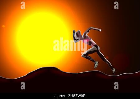 Athlete woman training on the mountain with the sun behind at sunrise. Stock Photo