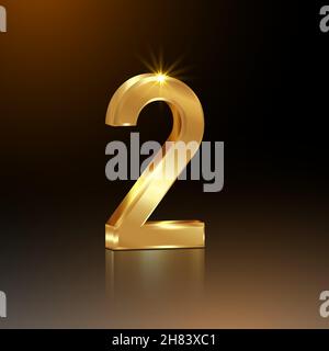 3d golden number two, 2, vector 2nd Year anniversary celebration background, second position concept, gold logo isolated on black square template Stock Vector