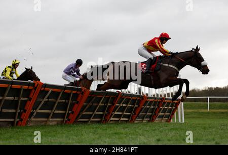 Annsam (right) ridden by jockey Isabel Williams during the Get Your Ladbrokes 1 Free Bet Today Handicap Hurdle during Ladbrokes Trophy Day, part of the Ladbrokes Winter Carnival at Newbury Racecourse. Picture date: Saturday November 27, 2021. See PA story RACING Newbury. Photo credit should read: Steven Paston/PA Wire. RESTRICTIONS: Use subject to restrictions. Editorial use only, no commercial use without prior consent from rights holder. Stock Photo