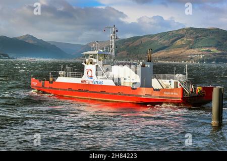 Western Ferries car ferry 'Sound of Seil' travelling from Gourock to Dunoon on the Cowal peninsula across the Firth of Clyde, Scotland, UK Stock Photo