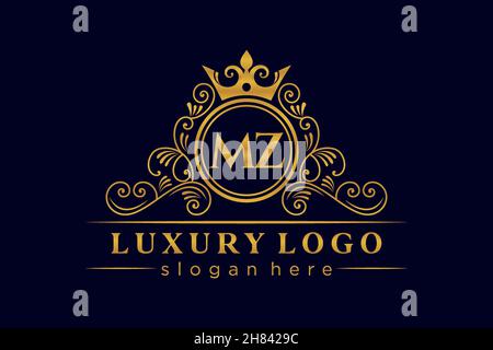 MZ Initial Letter Gold calligraphic feminine floral hand drawn heraldic monogram antique vintage style luxury logo design Premium Stock Vector