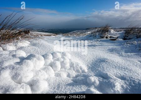 Ilkley, Yorkshire UK, 27th November 2021 - Snowballs created by nature greet walker on Burley Moor after Storm Arwen drops snow overnight. Credit: Rebecca Cole/Alamy Live News Stock Photo