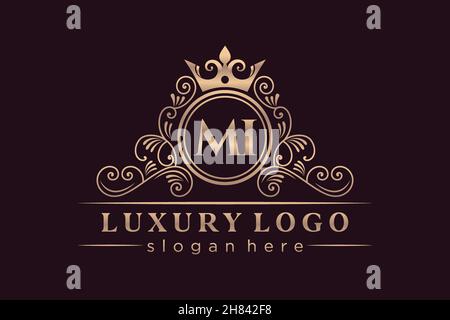 MI Initial Letter Gold calligraphic feminine floral hand drawn heraldic monogram antique vintage style luxury logo design Premium Stock Vector