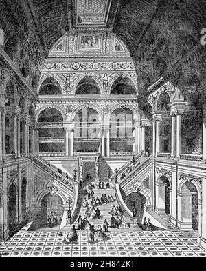 A late 19th Century illustration of the interior of the Palais Garnier aka Opéra Garnier, the opera house at the Place de l'Opéra in the 9th arrondissement of Paris, France. It was built for the Paris Opera from 1861 to 1875 at the behest of Emperor Napoleon III by the the architect Charles Garnier. Stock Photo