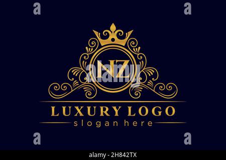 NZ Initial Letter Gold calligraphic feminine floral hand drawn heraldic monogram antique vintage style luxury logo design Premium Stock Vector