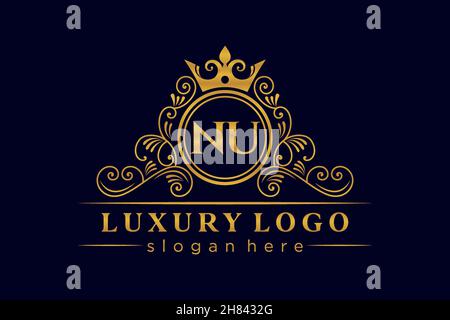 NU Initial Letter Gold calligraphic feminine floral hand drawn heraldic monogram antique vintage style luxury logo design Premium Stock Vector