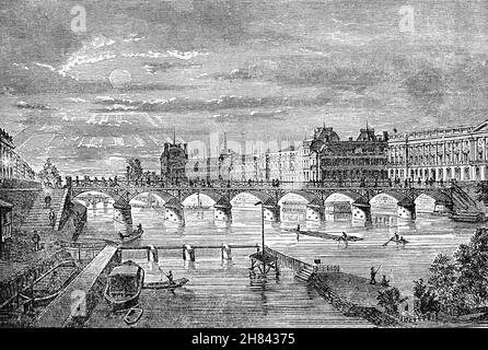 A late 19th Century illustration of the Pont des Arts or Passerelle des Arts, a pedestrian bridge in Paris crossing the River Seine. It linked the Institut de France and the central square (cour carrée) of the Palais du Louvre. Between 1802 and 1804, under the government of Napoleon Bonaparte, the nine-arch metallic bridge for pedestrians was frequently damaged and reconstructed in 1984. Stock Photo