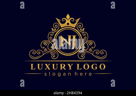 NJ Initial Letter Gold calligraphic feminine floral hand drawn heraldic monogram antique vintage style luxury logo design Premium Stock Vector