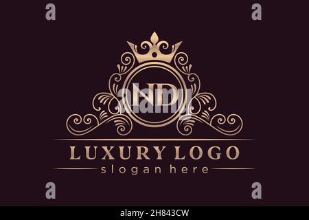 ND Initial Letter Gold calligraphic feminine floral hand drawn heraldic monogram antique vintage style luxury logo design Premium Stock Vector