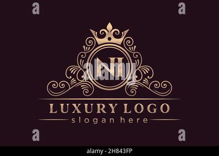 NI Initial Letter Gold calligraphic feminine floral hand drawn heraldic monogram antique vintage style luxury logo design Premium Stock Vector