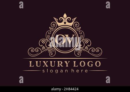 OV Initial Letter Gold calligraphic feminine floral hand drawn heraldic monogram antique vintage style luxury logo design Premium Stock Vector
