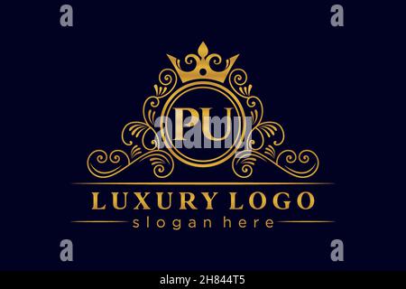 PU Initial Letter Gold calligraphic feminine floral hand drawn heraldic monogram antique vintage style luxury logo design Premium Stock Vector
