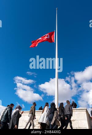 Ankara, Turkey - November 10 2021: On this day, which is the anniversary of Ataturk's death, Turkish people visit Anıtkabir, and the Turkish flag was Stock Photo