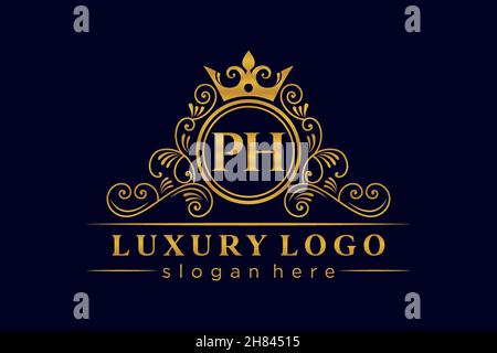 PH Initial Letter Gold calligraphic feminine floral hand drawn heraldic monogram antique vintage style luxury logo design Premium Stock Vector