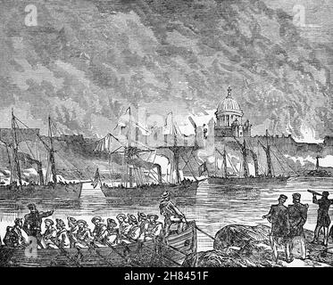 A late 19th Century illustration of the Battle of Suomenlinna (aka Bombardment of Sweaborg), fought on 9–11 August 1855 between Russian and Finnish defenders and a joint British/French fleet during the Åland War, part of the Crimean War. The fortress of Viapori (Sweaborg) was the main defensive installation in the Grand Duchy of Finland. Stock Photo