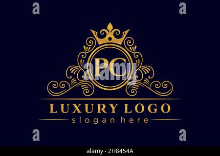 PC Initial Letter Gold calligraphic feminine floral hand drawn heraldic monogram antique vintage style luxury logo design Premium Stock Vector