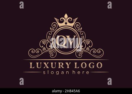 QV Initial Letter Gold calligraphic feminine floral hand drawn heraldic monogram antique vintage style luxury logo design Premium Stock Vector